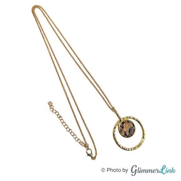 Toni Mother of Pearl Gold Tone Round Hammered Pendant Chain Necklace - Picture 5 of 12